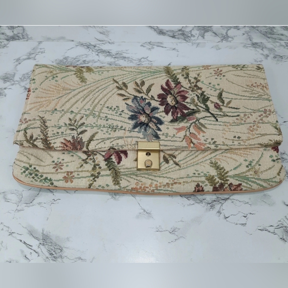 Vintage‎ 1970s Tapestry BOHO Floral Wide Clutch Purse 7"x12"